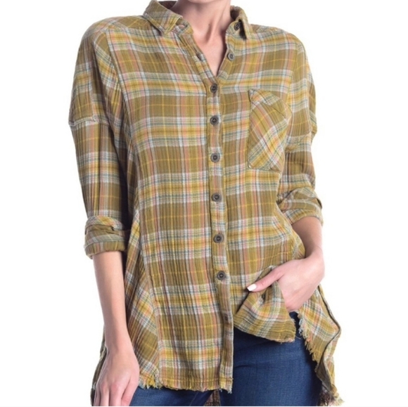 Free People olive green plaid button down top - Picture 2 of 16
